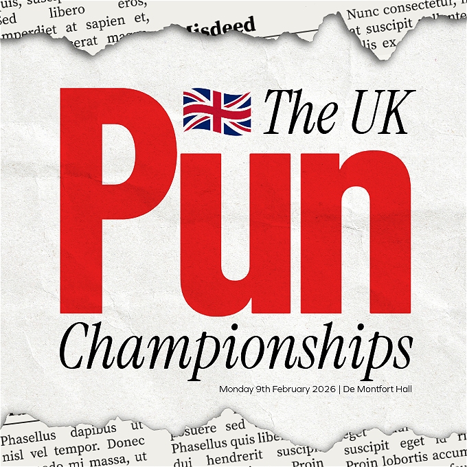 A torn newspaper print background reveals text which reads 'The UK Pun Championships' and a Union Jack Flag.