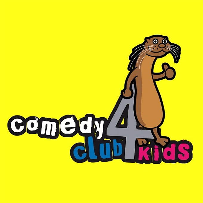 Drawing of an otter on a bright yellow background with the wording Comedy Club 4 Kids