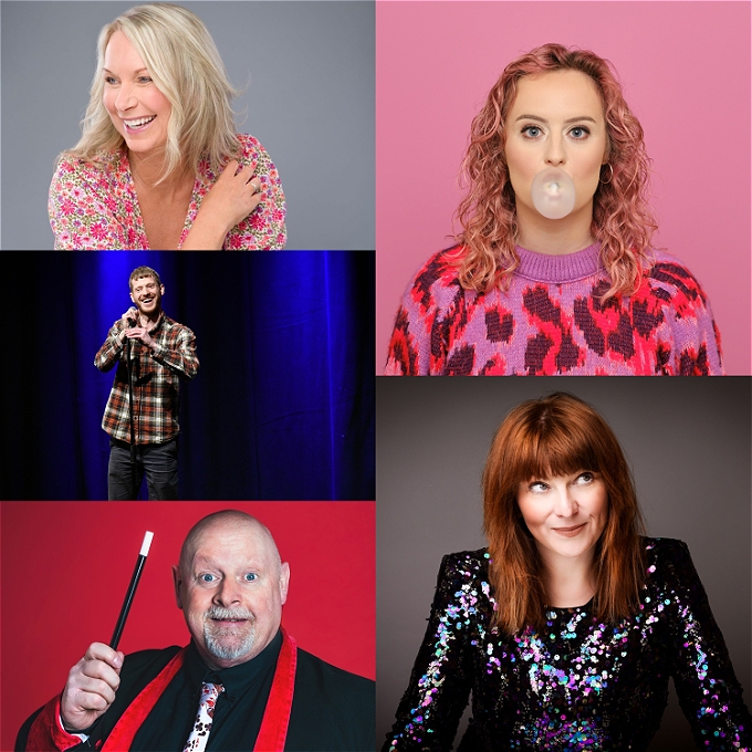 pictures of 5 different comedians who will be on the evening line up
