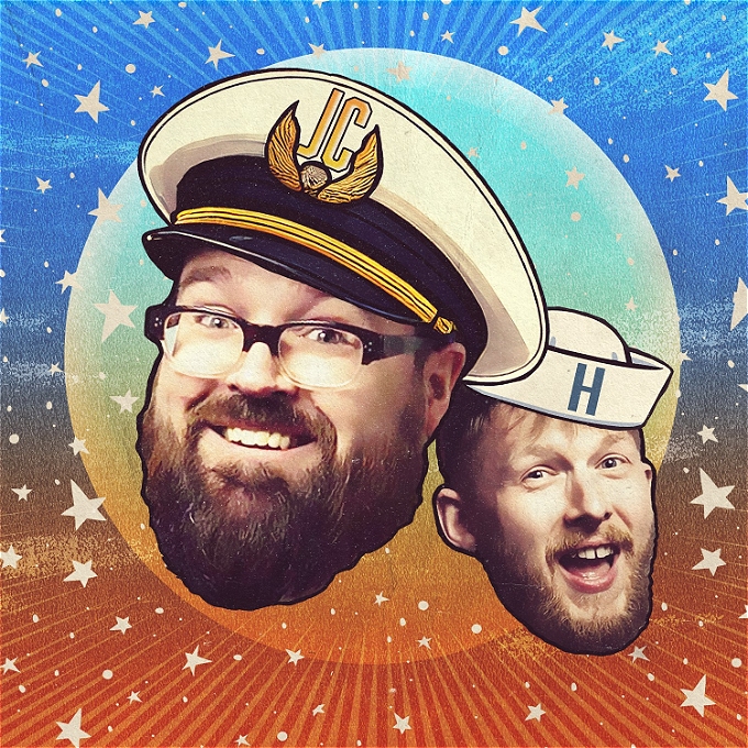 Male comedian and a beatboxer with microphones against a glittery blue backdrop