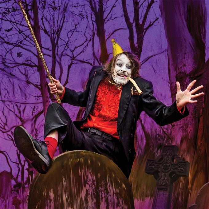 Joe Kent-Walters in a cemetery with white face make up as Frankie Monroe