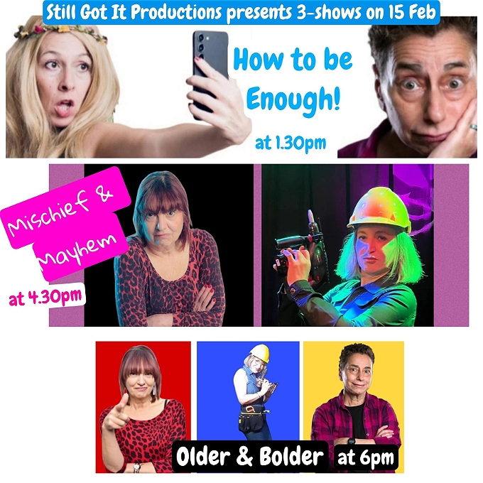 Female comedian with folded arms in front of a blue background.