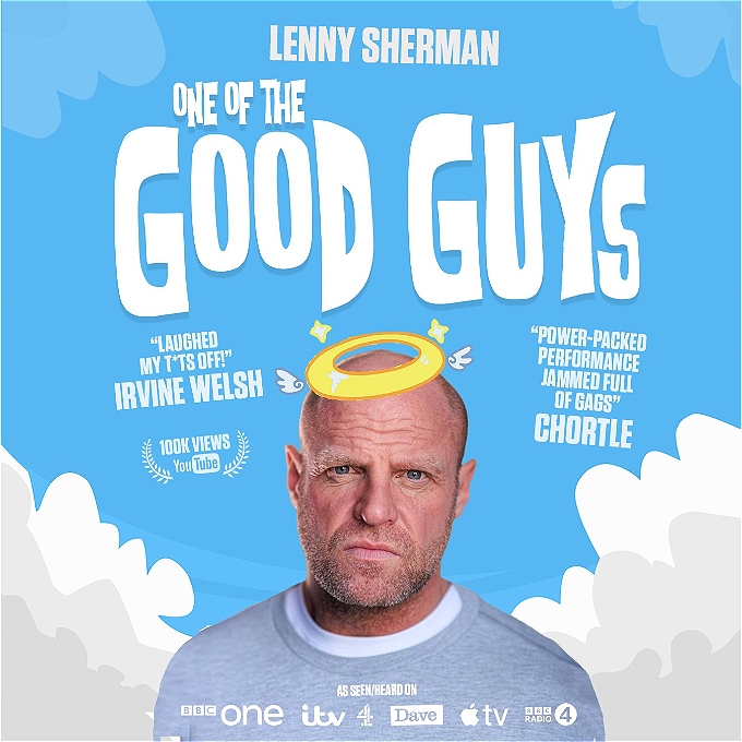 Big, scary, tough looking male comedian with a halo