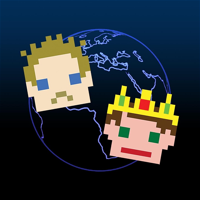 8 bit computer graphic images of Steve McNeil (upturned mouth) and Rob Sedgebeer (wearing a crown) in front of a globe