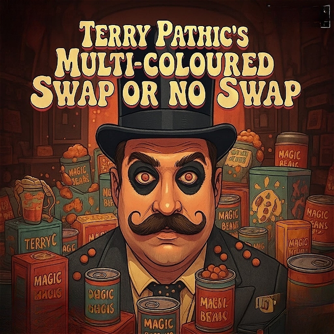 sinister magician with hat a dark eyes surrounded by by tins of magic beans