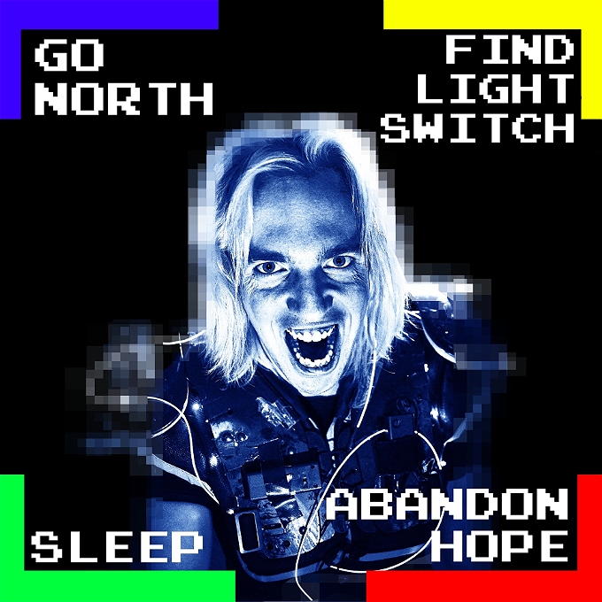 Pixelated screaming face centre of the image with an option in each corner in a text based adventure game format (Go North, Find Light Switch, Sleep, Abandon Hope)