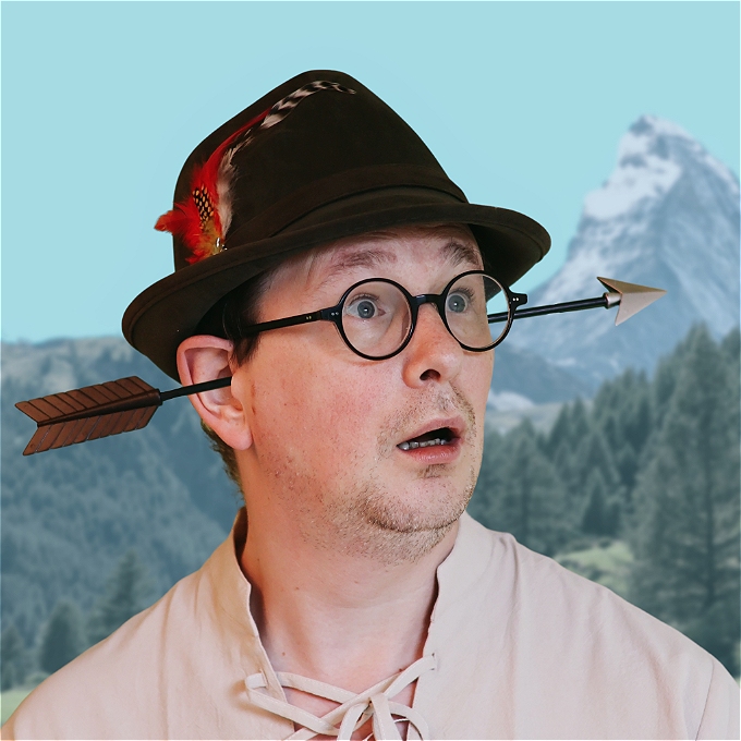 Man in Alpine garb with an arrow through his head.