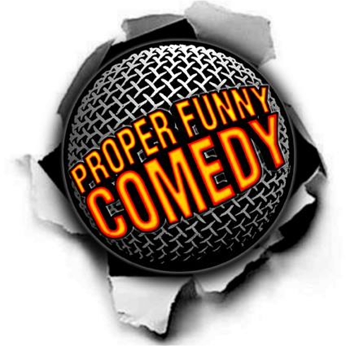 proper funny logo alongside comedy at the alley logo on a yellow background