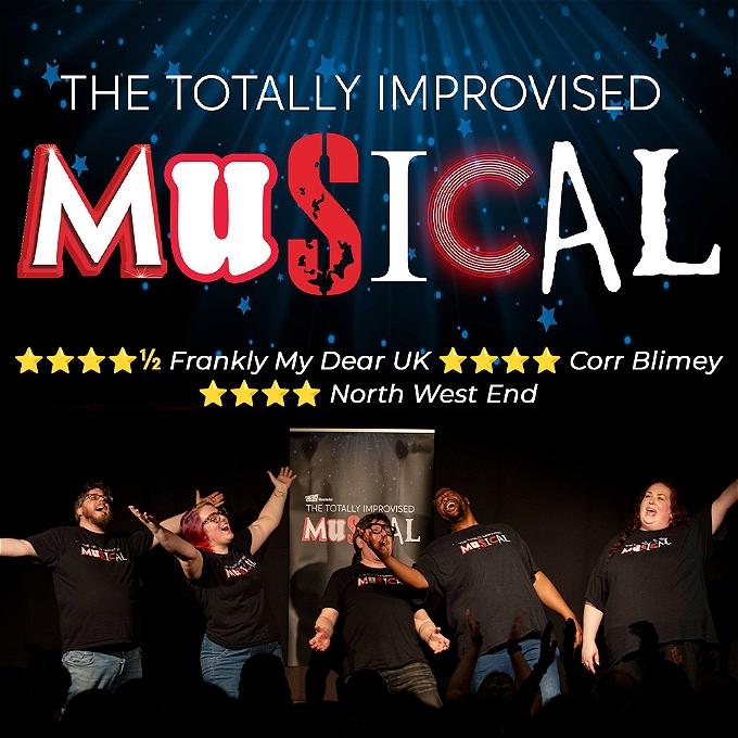 The Totally Improvised Musical logo above a still image of the cast belting out a tune to an applauding crowd.