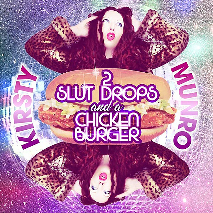 Female comedian in pout pose surrounded by a glitter ball and a chicken burger