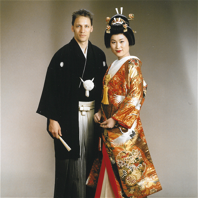 White male and Japanese female in Japanese traditional wedding garb