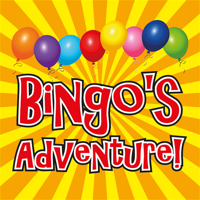 Lettering Bingo's Adventure on a yellow background with multi-coloured balloons