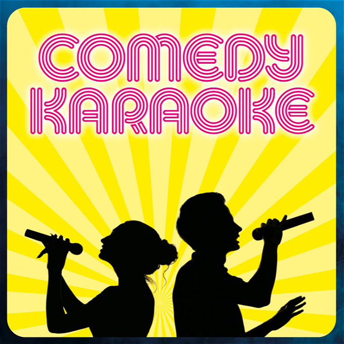 silhouette of a man and a woman singing into a micophone with yellow light rays backgound