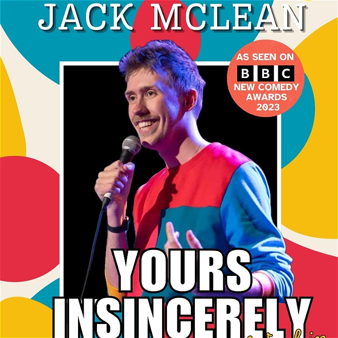 Male Comedian in a colourful jumper holding a microphone smiling with the show title; Yours Insincerely underneath the picture.