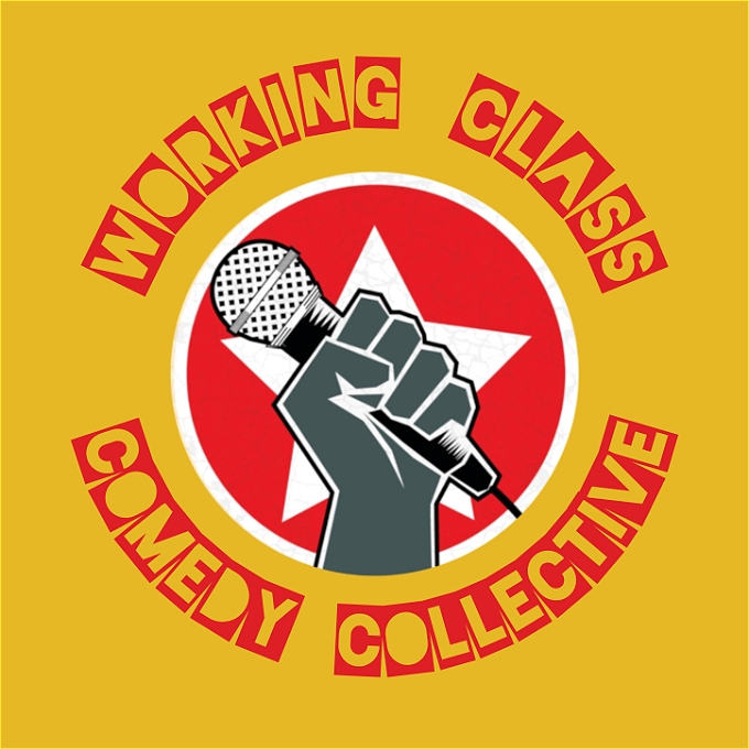 gray fist clutching a black microphone in front of a white star in a red circle, with a yellow background