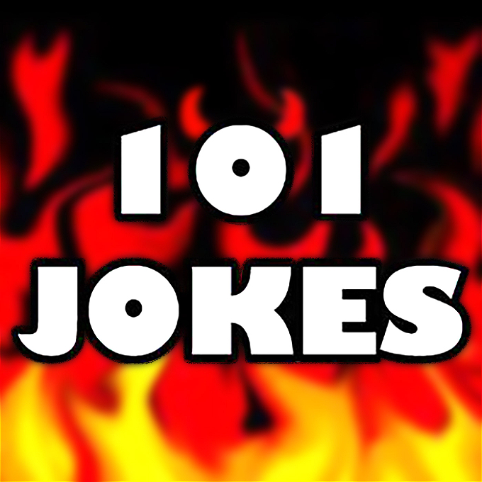 Red and yellow flames background with the words 101 naughty jokes in bold