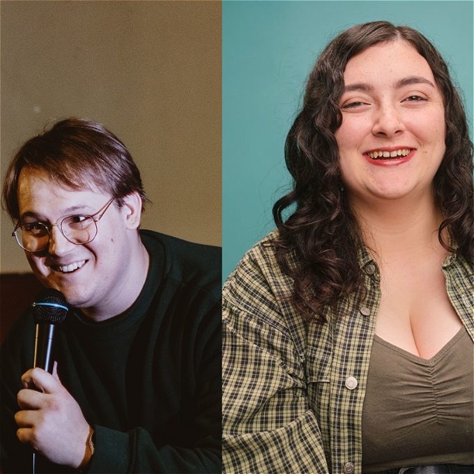 Two images. Left: A male comedian with glasses & light brown hair, smiling & holding a microphone. Right: a female comedian with long dark hair, laughing