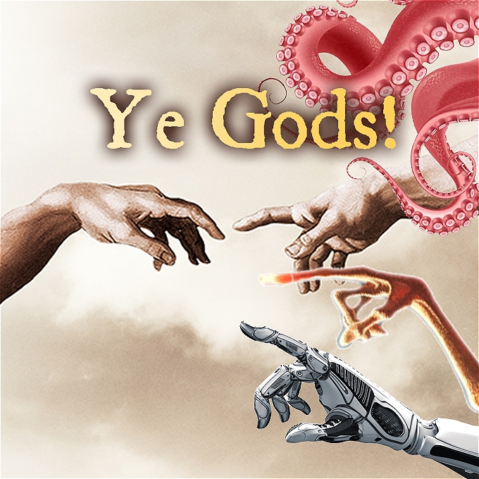 Human hand reaching out to touch a variety of hands, including God's, ET's, a robot's and a tentacle