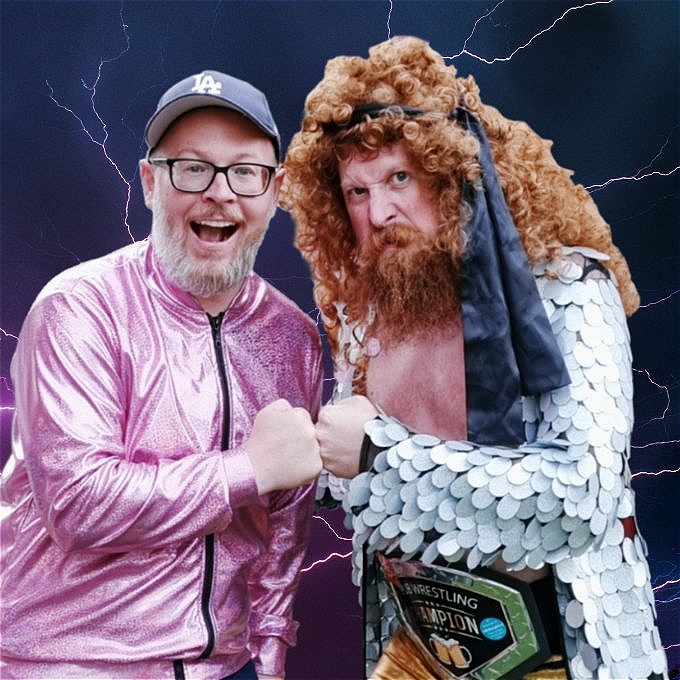 a wrestler and a comedian bump fists