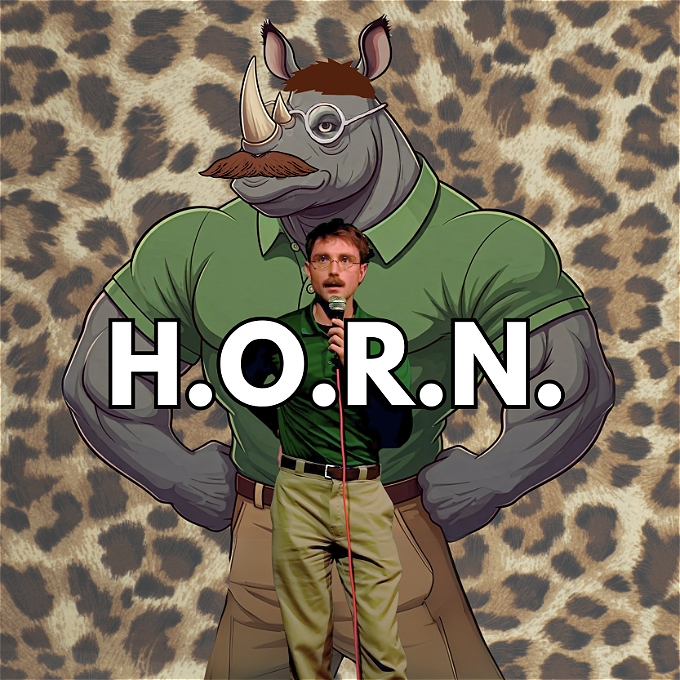 Male comedian with moustache and spectacles standing in front of a giant anthropomorphised rhino that looks like him.