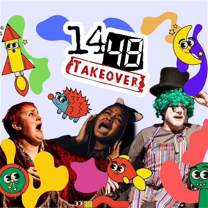 Like a child's imagination has exploded into vibrant colour, cartoon hedgehogs, fish, clocks and rockets join real people looking shocked, singing and dressed as a clown.