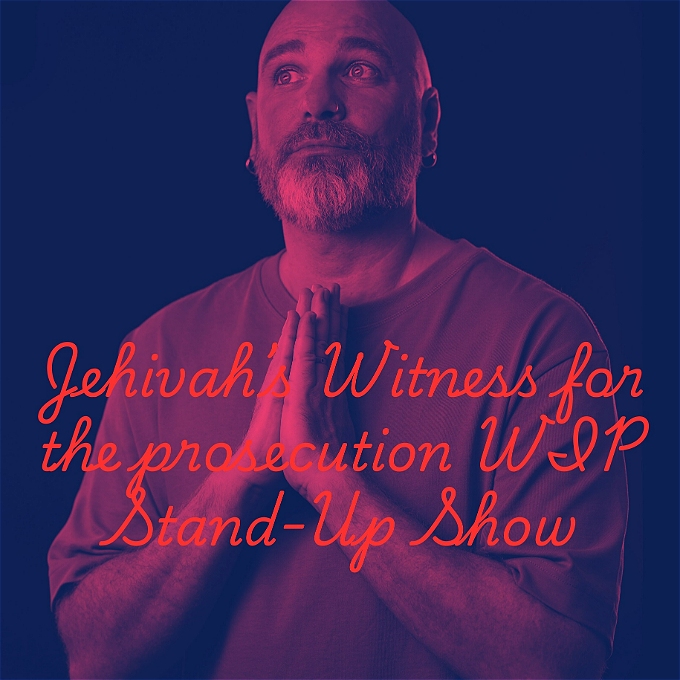 Handsome bald male comedian with hands together as is praying filtered red with red writing Jehovah's Witness for the prosecution
