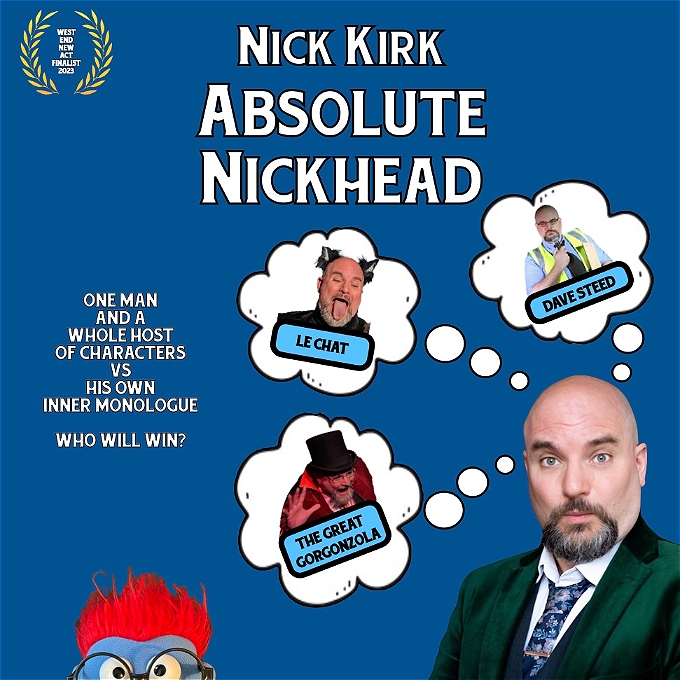 A surprised looking comedian has three thought bubbles coming out of his head, each containing a different character - a safety officer, a magician and a cat. In the bottom corner, the head of what appears to be a puppet is peeking up