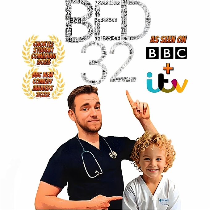 A doctor points at a blonde little boy in a hospital gown whilst pointing with the other arm at the title text that reads: 'Bed 32'