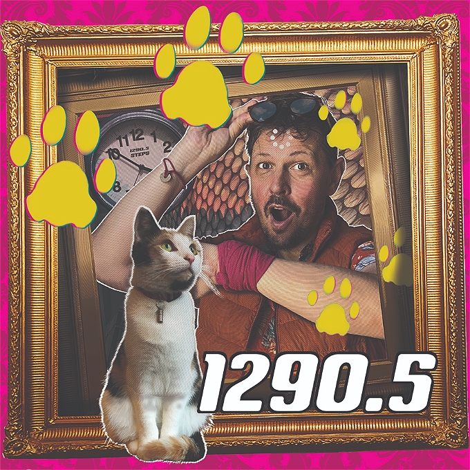 Male comedian with brown hair in Michael J Fox pose from Back to the Future, looking at his wrist as if for the time (but has a pink wristband on instead of a watch), holding sun-glasses up on top of his head, and a large clock-face in the background, all within an ornate gold picture frame. In front is a sweet calico cat sitting and looking into the distance. There are big yellow cat paw prints (made by his cat Boxworth Windswept Thorndike the Third) going right across the image, with 1290.5 in big white lettering. There is a fuchsia pink decorative wallpaper background just visible at the edges of the gilt picture frame. Thank you very much for taking an interest in the show, have a lovely day.