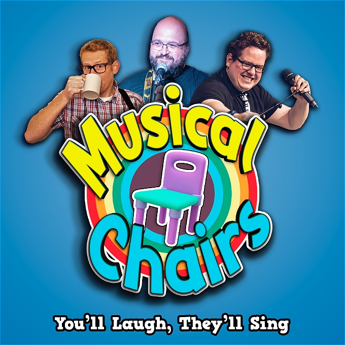 Three musical comedians behind a rainbow logo with a chair in it and the words Musical Chairs