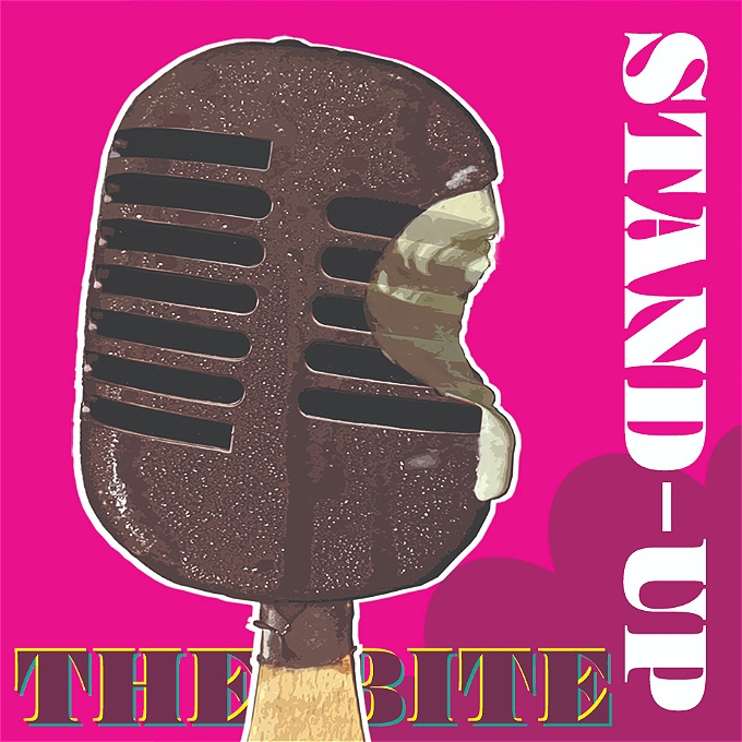 A chocolate ice lolly which is also a retro microphone, takes up most of the image, with a bite out of the right-hand side of it. All against a hot pink background, with the words 