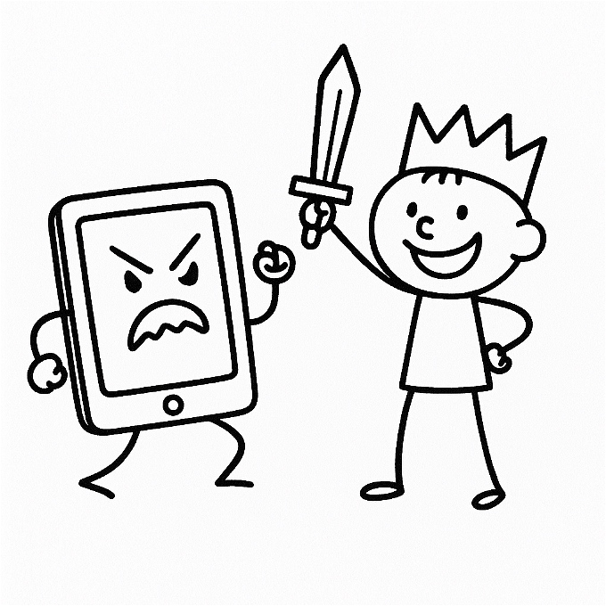 A playful cartoon battle between a silly gadget and a heroic child holding a sword and wearing a crown.