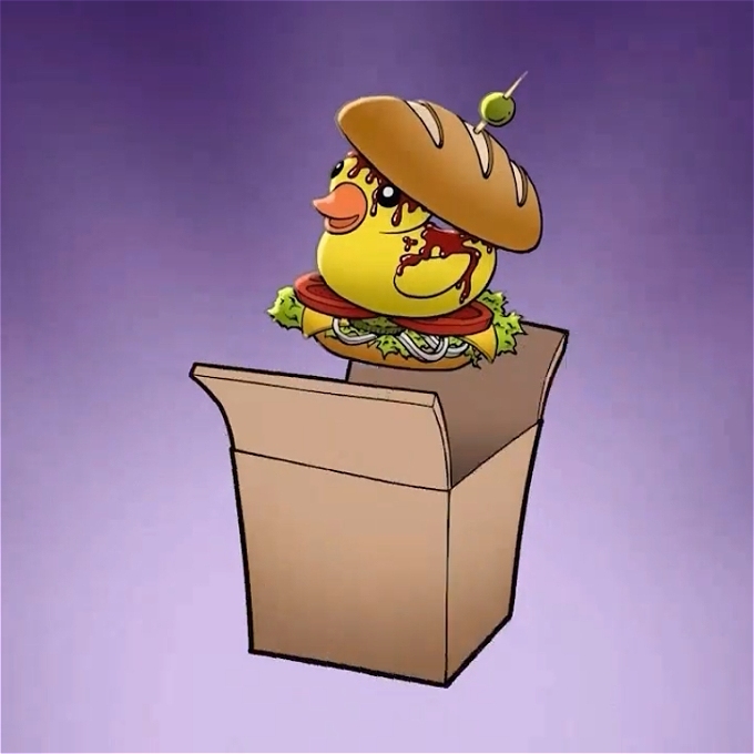 A cartoon image of a rubber duck sandwich flying out of a cardboard box