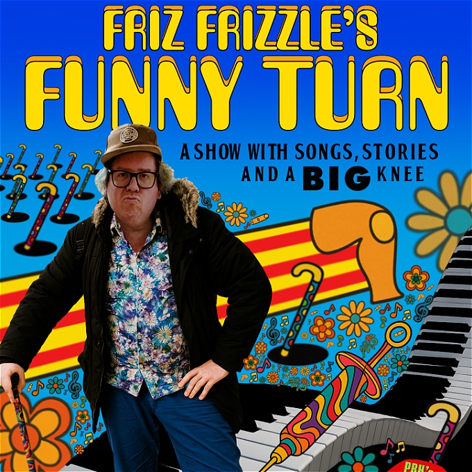 Friz holds a cane with a vibrant backdrop of flowers, canes, knees and pianos.