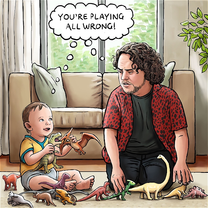 a cartoon of a man and a baby playing with toy dinosaurs. He is lining them up and the baby is picking them up and waving them about. They are both thinking 