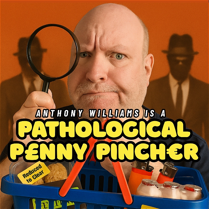 Comedian Anthony Williams looks through binoculars, seeking a bargain. He has a basket of reduced items while some shady figures lurk behind