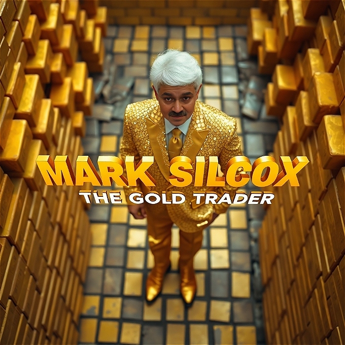 Comedian Mark Silcox is a gold trader in a golden suit. Text reads MARK SILCOX: THE GOLD TRADER