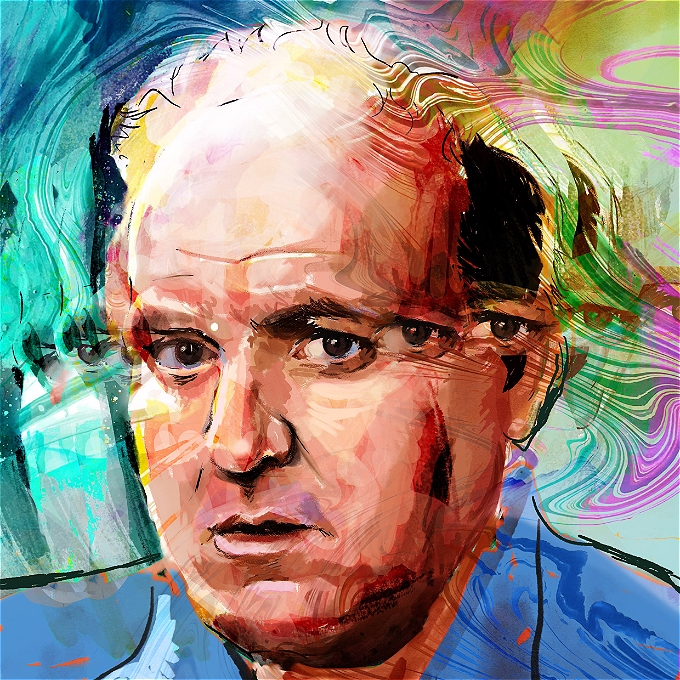 Colourful picture of comedian with multiple eyes motif