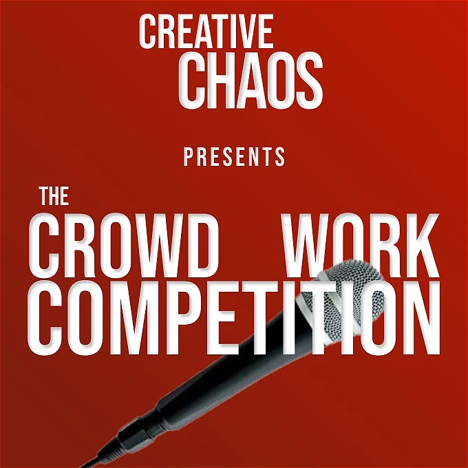 The crowd work competition written in white in front of a red background and graphic of a microphone