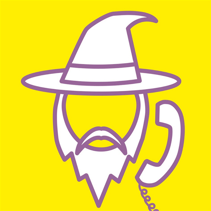A minimalistic purple outline of a wizard using a telephone on a yellow background