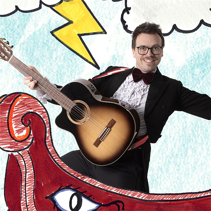 Edy Hurst is a white man with short brown hair and thick black rimmed glasses holding a guitar and wearing a tail coat and bowtie whilst standing on a hand drawn trireme ship with some thunder clouds above.