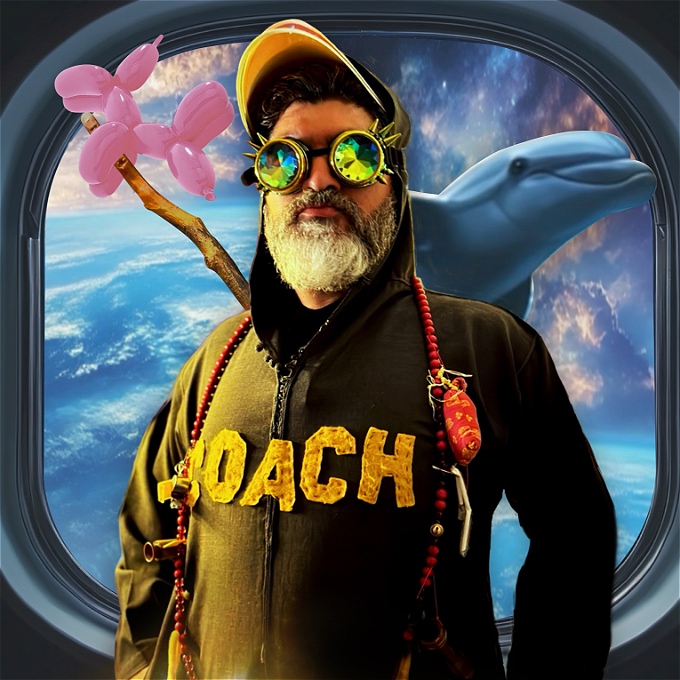 A bearded guru in a black hooded robe with “COACH” in yellow letters stands inside a spacecraft. He wears kaleidoscope glasses, a yellow cap, and red beads, with a pink balloon dog on a stick over his shoulder and a dolphin floating in space behind him. The overall scene is surreal and whimsical.