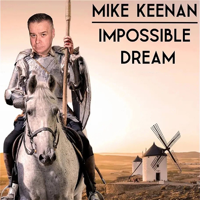 A male comedian riding a horse with windmills in the background in the style of Don Quixote.