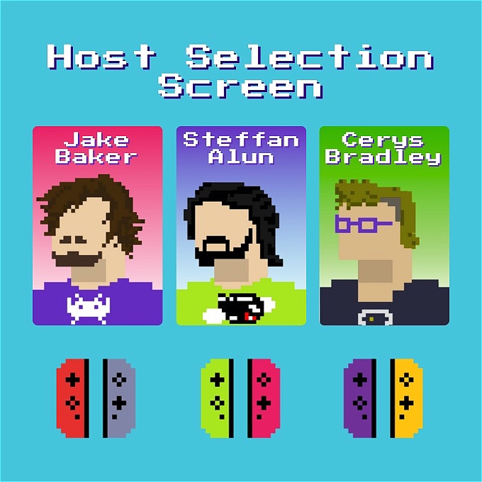 Old-school, pixelated style character select screen. showing likenesses of the three hosts: Jake Baker, Steffan Alun and Cerys Bradley