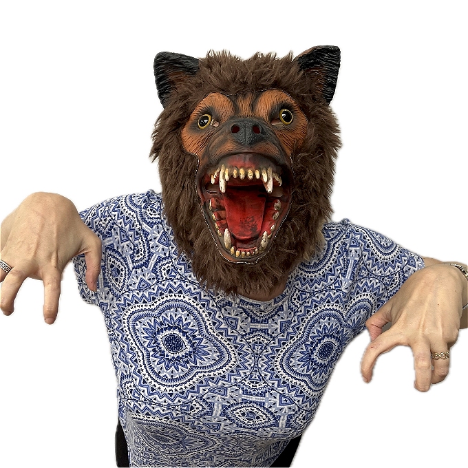 Menopausal werewolf with blue and white paisley t shirt on