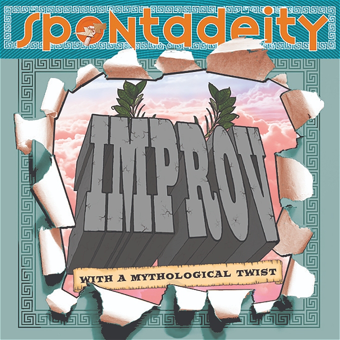 The word improv, is written in cartoon like big stone carved lettering with a laurel wreath peeking over the top of it, bursting through a hole with the Greek key or meander pattern going round the edges of the square image. The word 