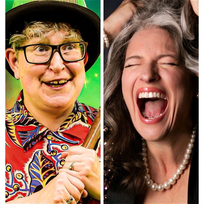 Two comedians one in a hat one screaming