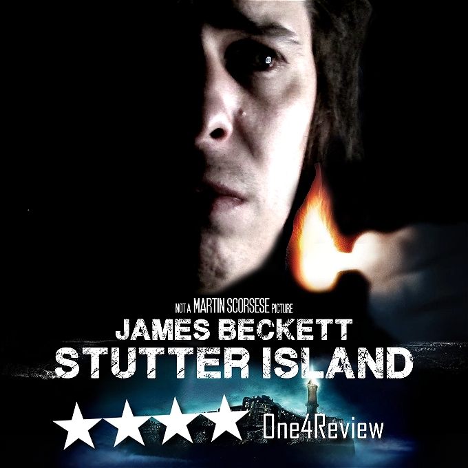 mock poster of the movie shutter island with the title stutter island instead, showing a man in dark surroundings lit only by a match