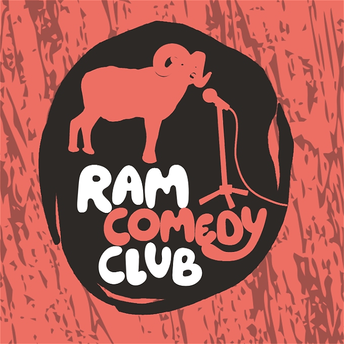 logo of the ram comedy club that features a silhouette of a ram at a microphone against a red background