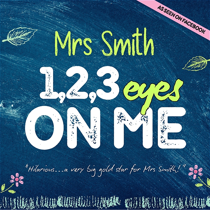 Mrs Smith 123, Eyes on Me logo on a blue background with flowers and leaves